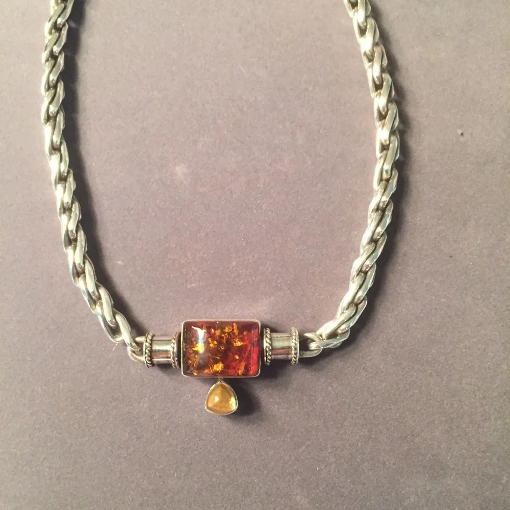 Sterling-Style Silver Necklace with Amber Pendant